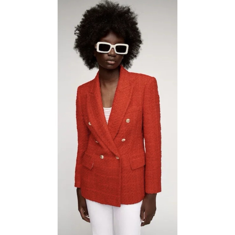 Zara Red Bouclé Tweed Double Breasted Blazer Gold Button Jacket Kate S Middleton